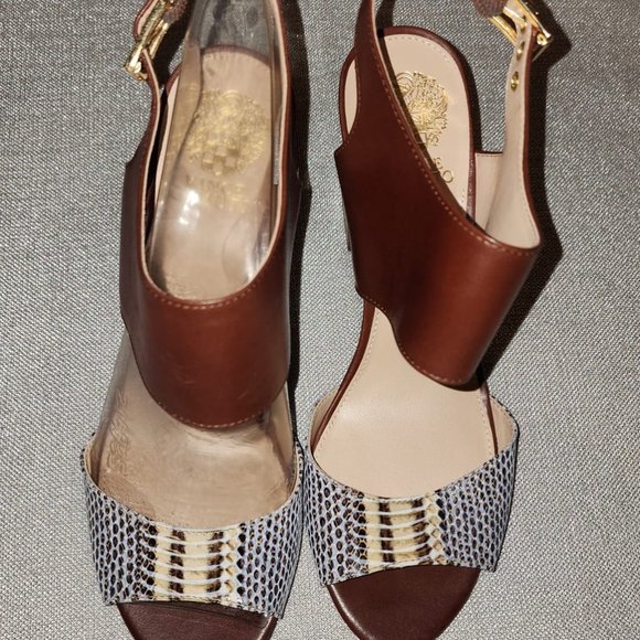 Vince Camuto 3-Inch Heel Root Beer/Brown Snakeskin Sandel With Strap - Picture 1 of 5